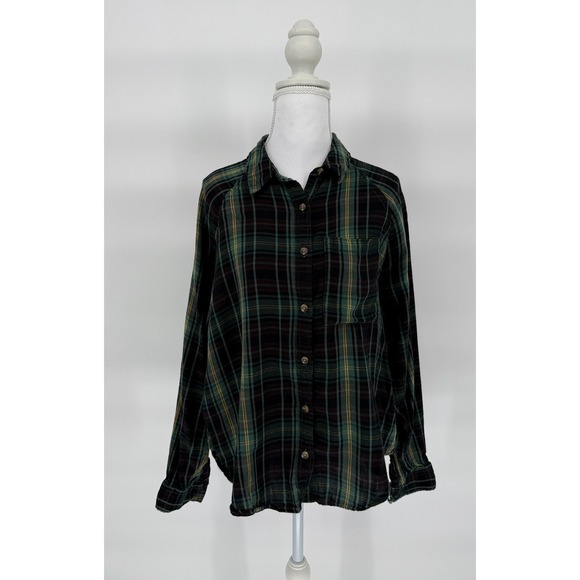 SO Tops - Vintage-Style Grunge‎ Plaid Flannel Button Down Green Black Soft Womens Size S